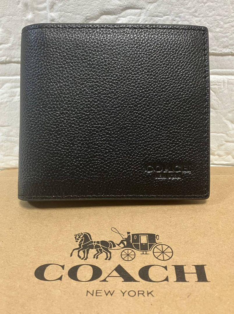 COACH ブラックレザー二つ折り財布 COACH ブラック レザー 二つ折り財布 - メルカリ