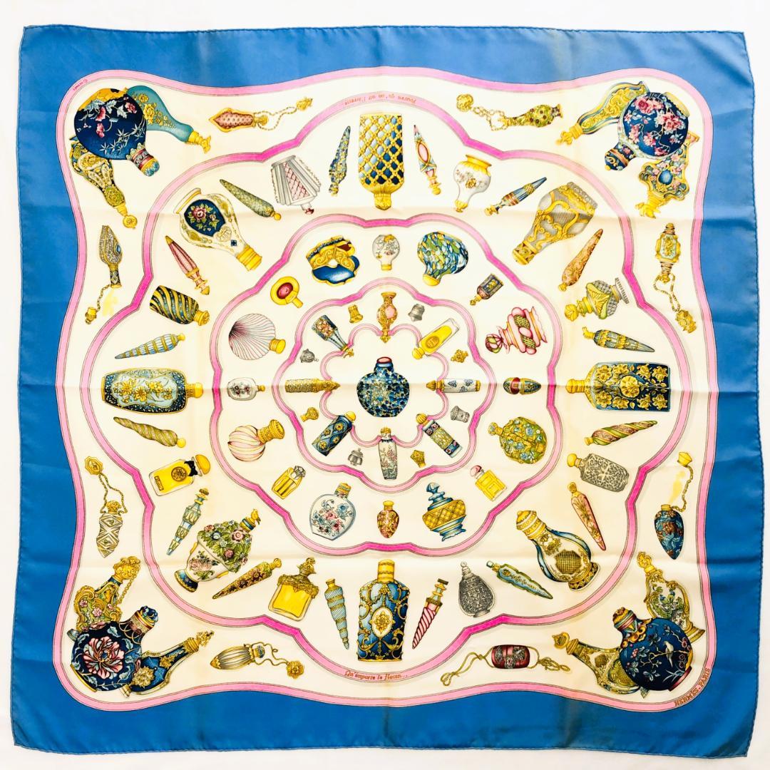 HERMES エルメス カレ90 香水瓶 ブルー系 スカーフ タグあり