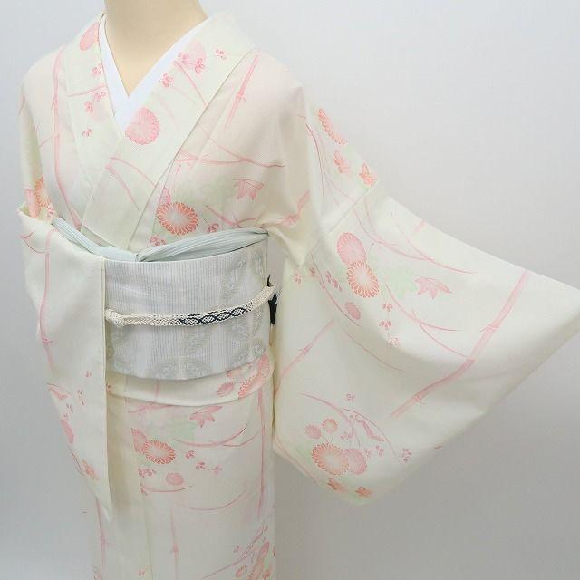 m1247＊洗える夏着物 絽 菊 竹 桔梗 誂えポリエステル 小紋