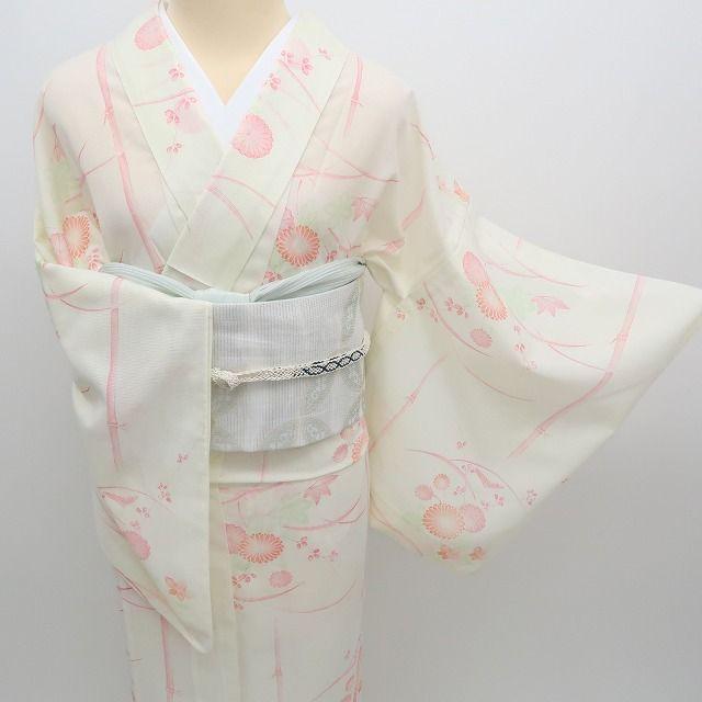 m1247＊洗える夏着物 絽 菊 竹 桔梗 誂えポリエステル 小紋