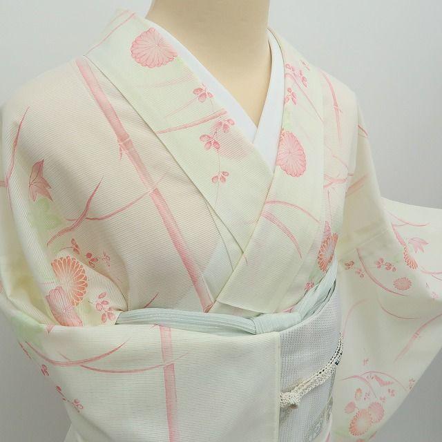 m1247＊洗える夏着物 絽 菊 竹 桔梗 誂えポリエステル 小紋