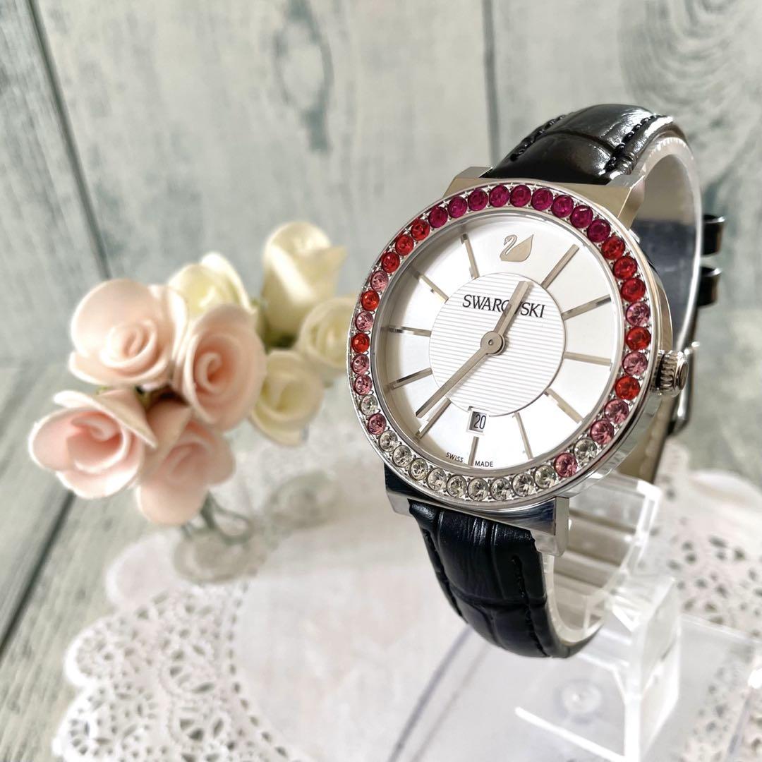 希少】Swarovski スワロフスキー 腕時計 ストーンベゼル レッド調-