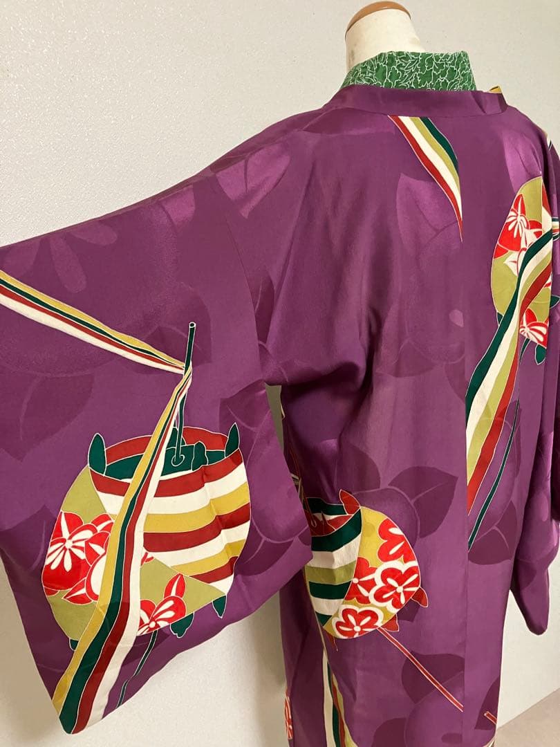 【匿名配送】アンティーク 道行 三越謹製 古典柄 糸巻 紫 正絹 レトロ