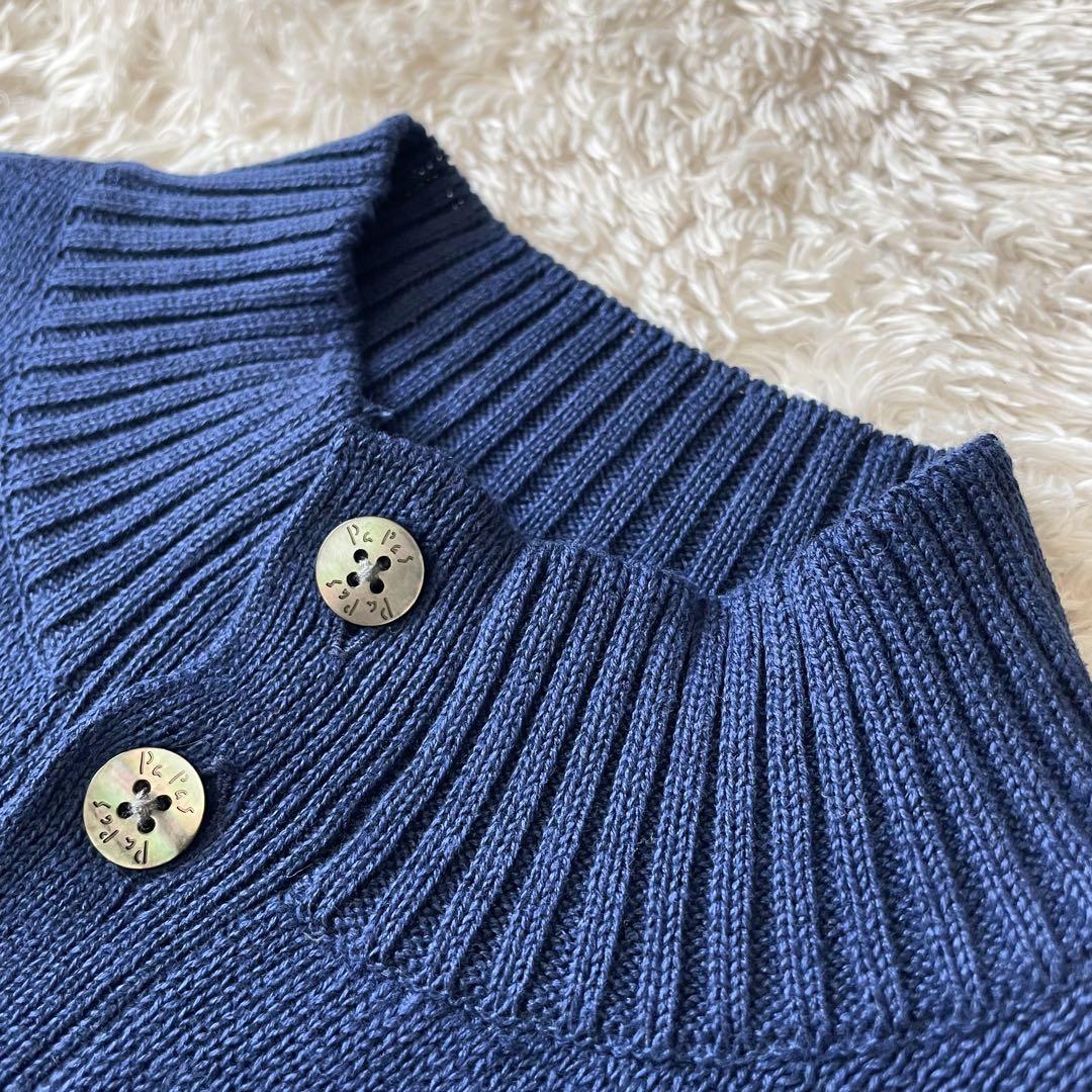 極美品 papas ハーフボタン リネンニット L ブルー