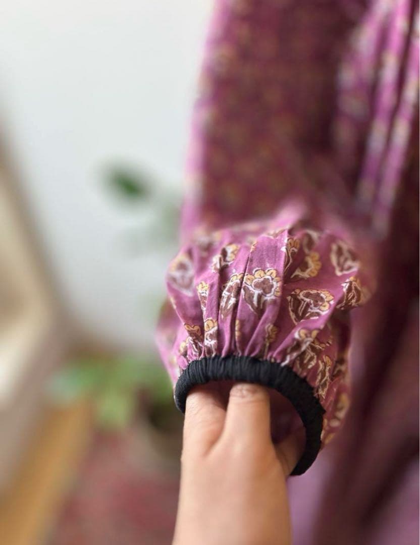 インド綿ワンピース　花柄　マキシ丈ワンピ　ブロックプリントワンピース