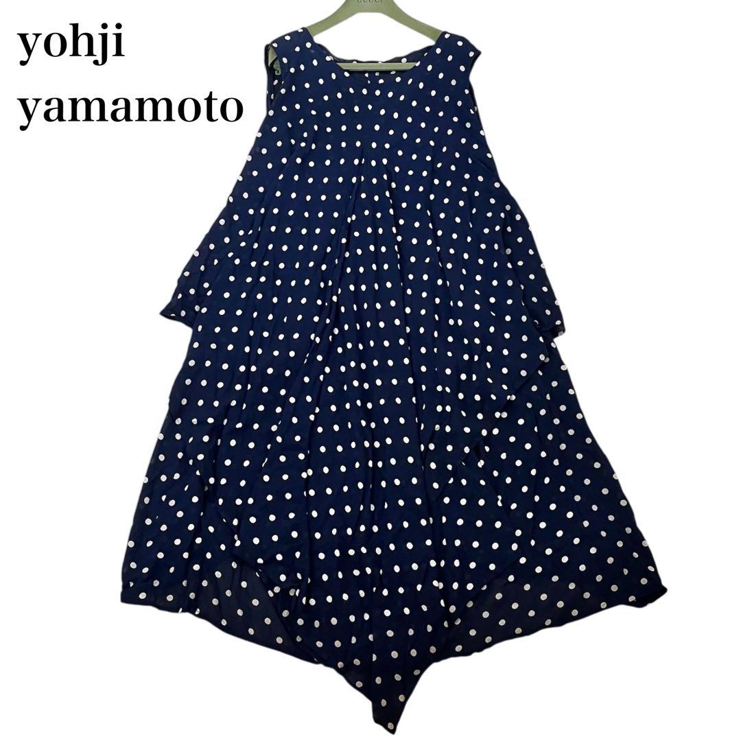 ✨美品✨ヨウジヤマモト　変形ワンピース　ノースリーブ　ドット　水玉　サンプル　紺