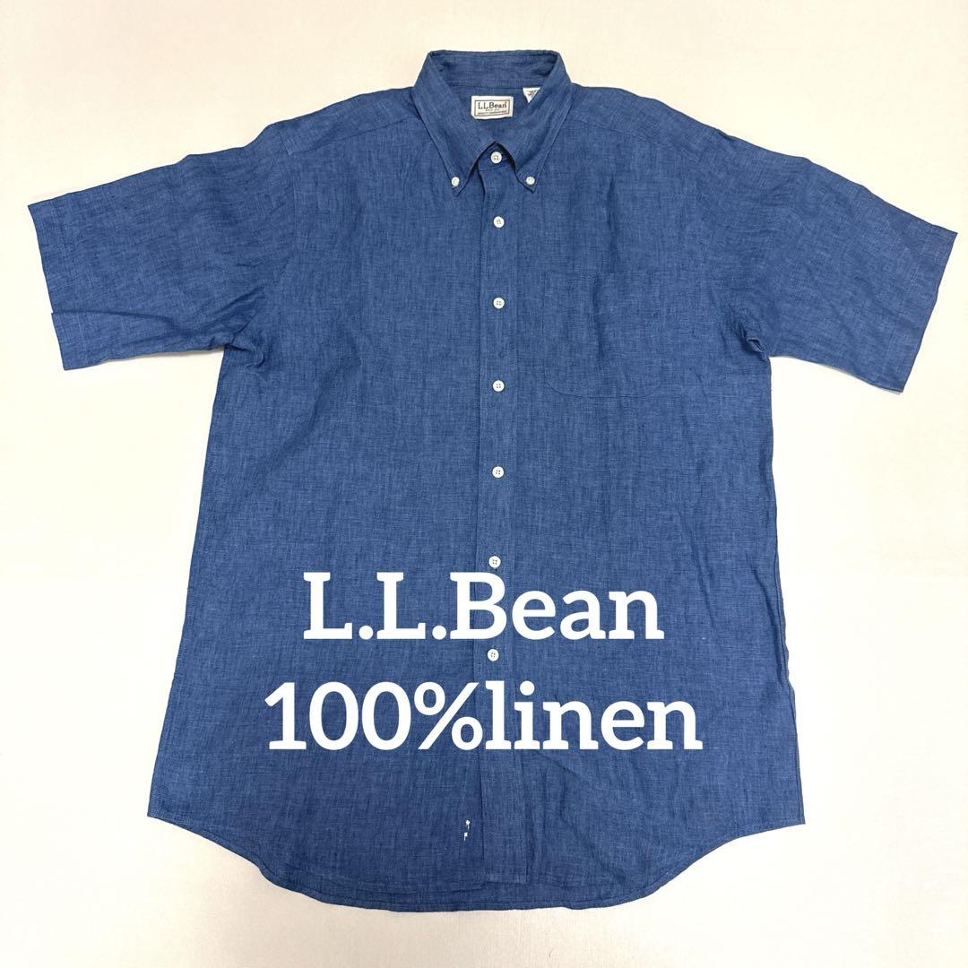 L.L.Bean リネン100%linen 半袖ボタンダウンシャツ ブルー青