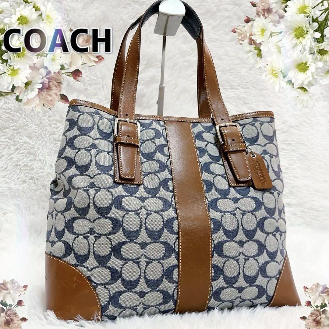 美品✨COACH デニム トートバッグ シグネチャー 肩がけ ブルー レザー
