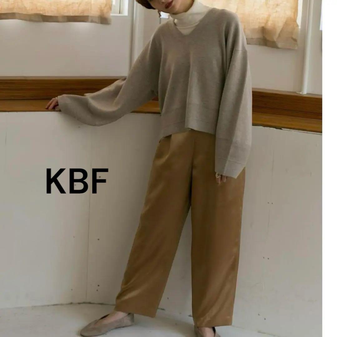 KBF◇ミラノリブWIDEニット ライトブラウン M〜L ぽわん袖 Vネック 女