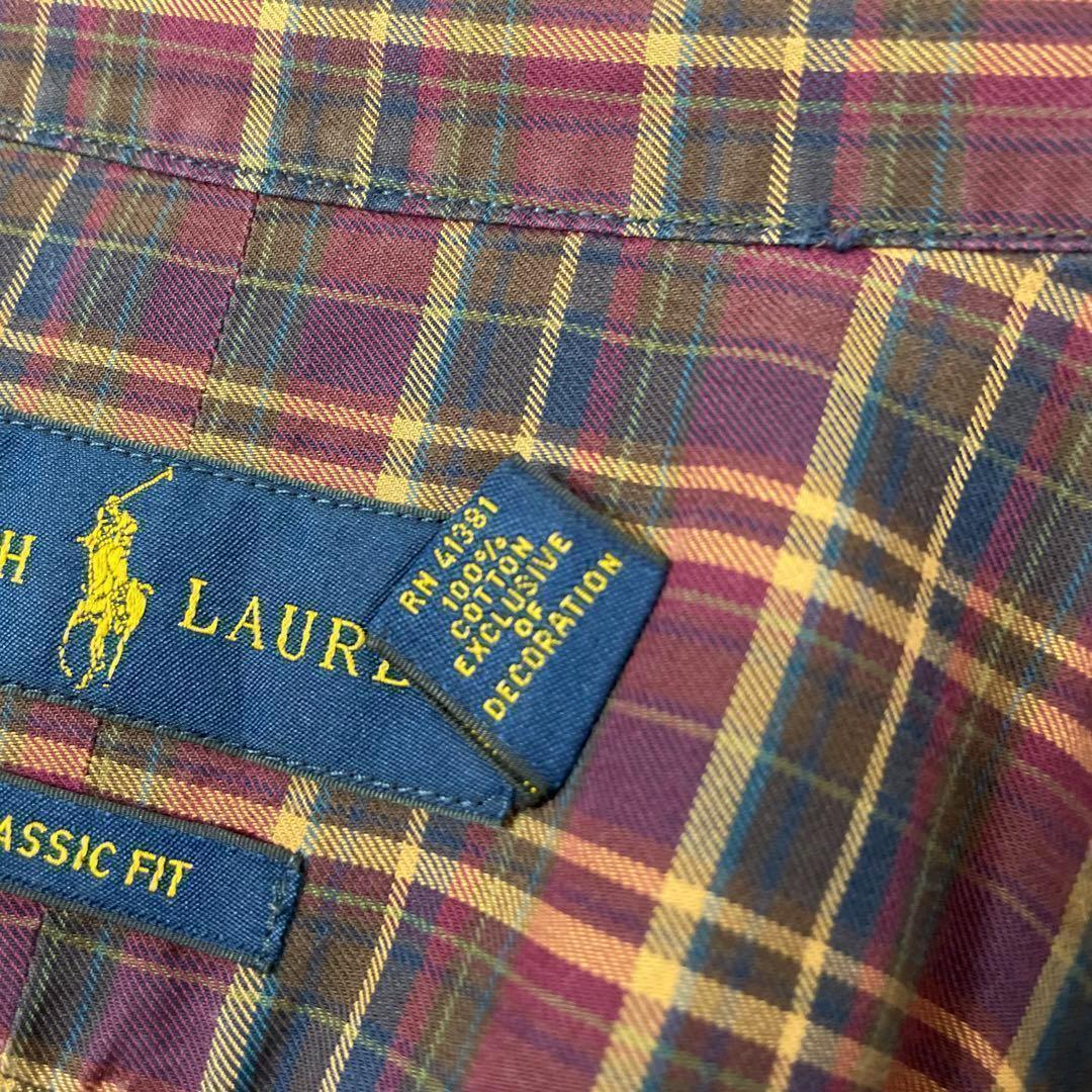 ラルフローレン　チェック　刺繍ロゴ　ワインレッド　BD 長袖シャツ古着　2XL
