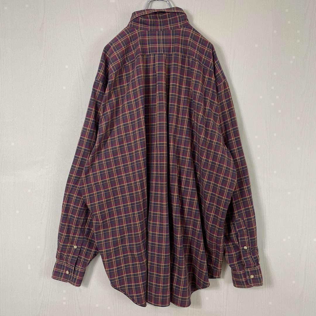 ラルフローレン　チェック　刺繍ロゴ　ワインレッド　BD 長袖シャツ古着　2XL
