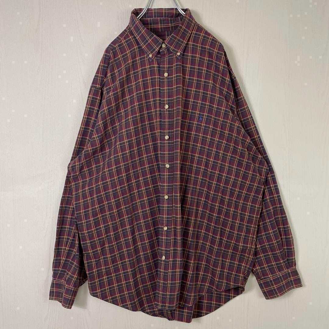 ラルフローレン　チェック　刺繍ロゴ　ワインレッド　BD 長袖シャツ古着　2XL