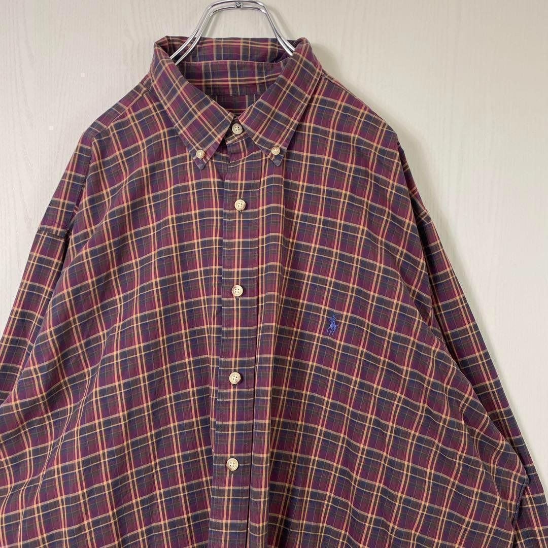 ラルフローレン　チェック　刺繍ロゴ　ワインレッド　BD 長袖シャツ古着　2XL