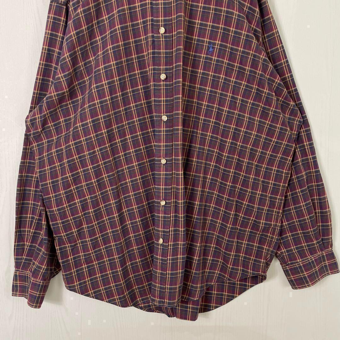ラルフローレン　チェック　刺繍ロゴ　ワインレッド　BD 長袖シャツ古着　2XL