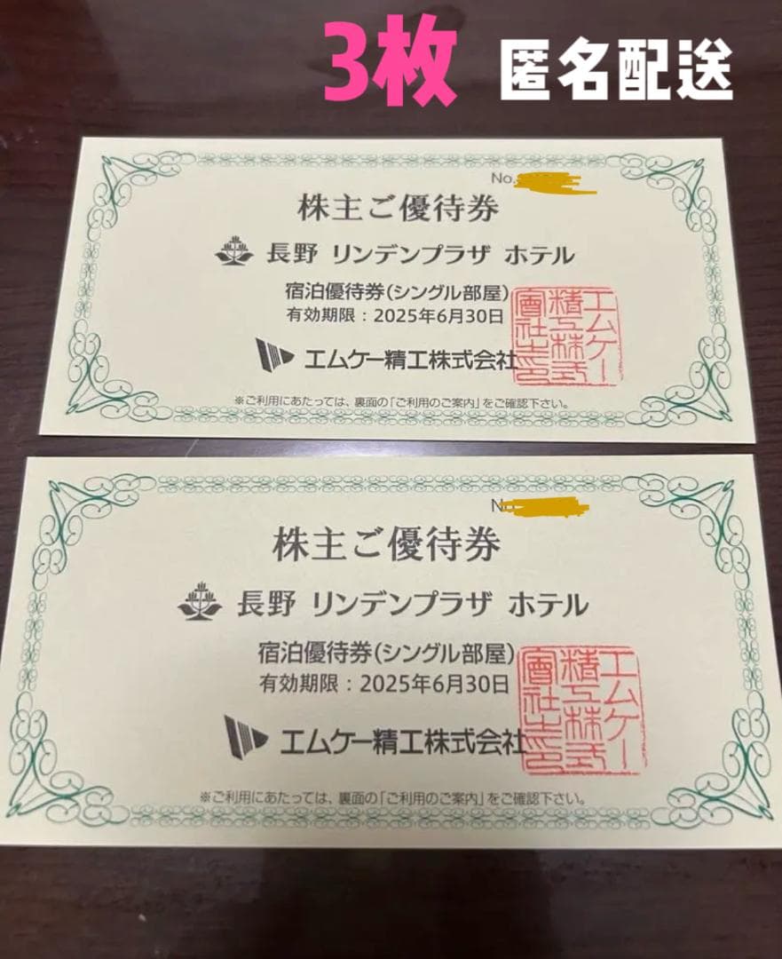 長野 リンデンプラザ ホテル 株主優待券 3枚