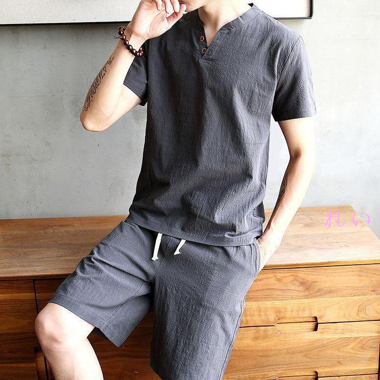 カジュアルメンズファッション 綿麻 Tシャツ＋ハーフパンツ 2点セットアップ