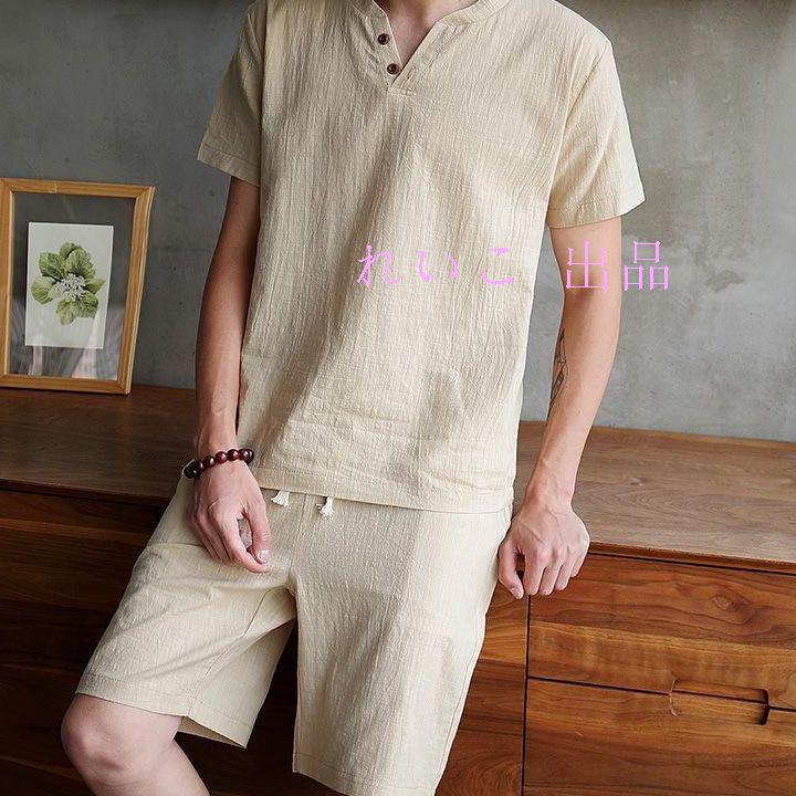 カジュアルメンズファッション 綿麻 Tシャツ＋ハーフパンツ 2点セットアップ