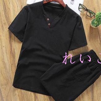 カジュアルメンズファッション 綿麻 Tシャツ＋ハーフパンツ 2点セットアップ