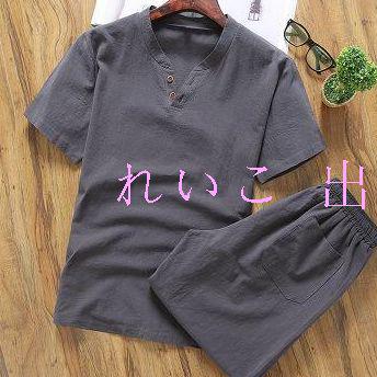 カジュアルメンズファッション 綿麻 Tシャツ＋ハーフパンツ 2点セットアップ