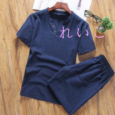 カジュアルメンズファッション 綿麻 Tシャツ＋ハーフパンツ 2点セットアップ