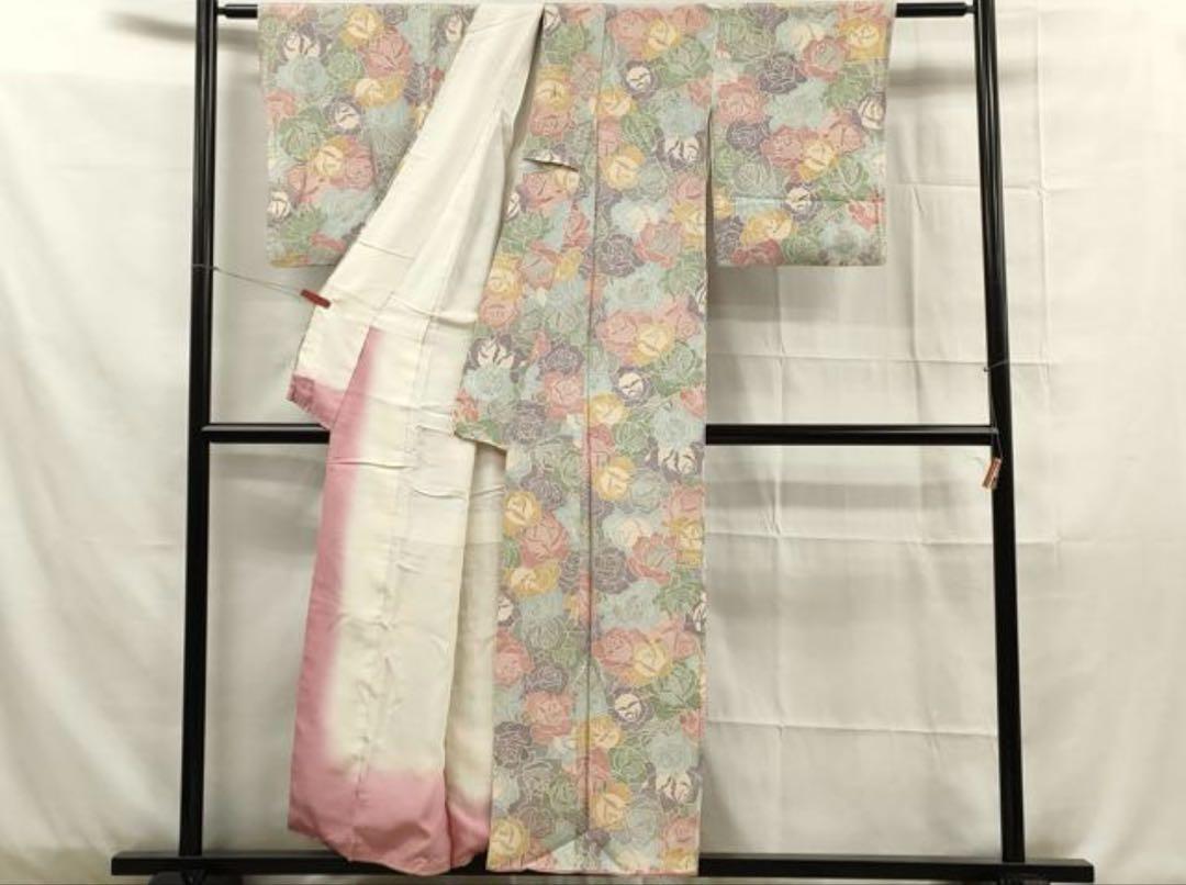 【帯とのまとめ買い値引き】着物 正絹小紋 洋花文 薔薇バラ