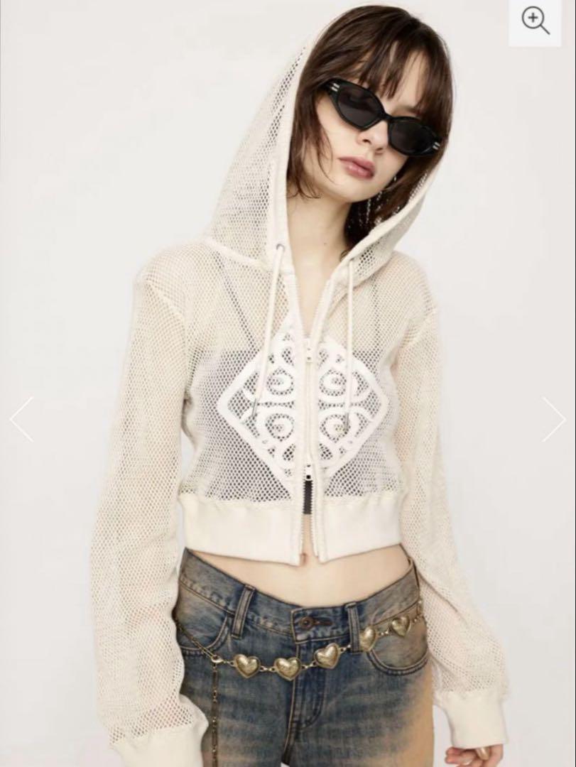 SLY PATCH LEATHER MESH HOODIE アイボリー
