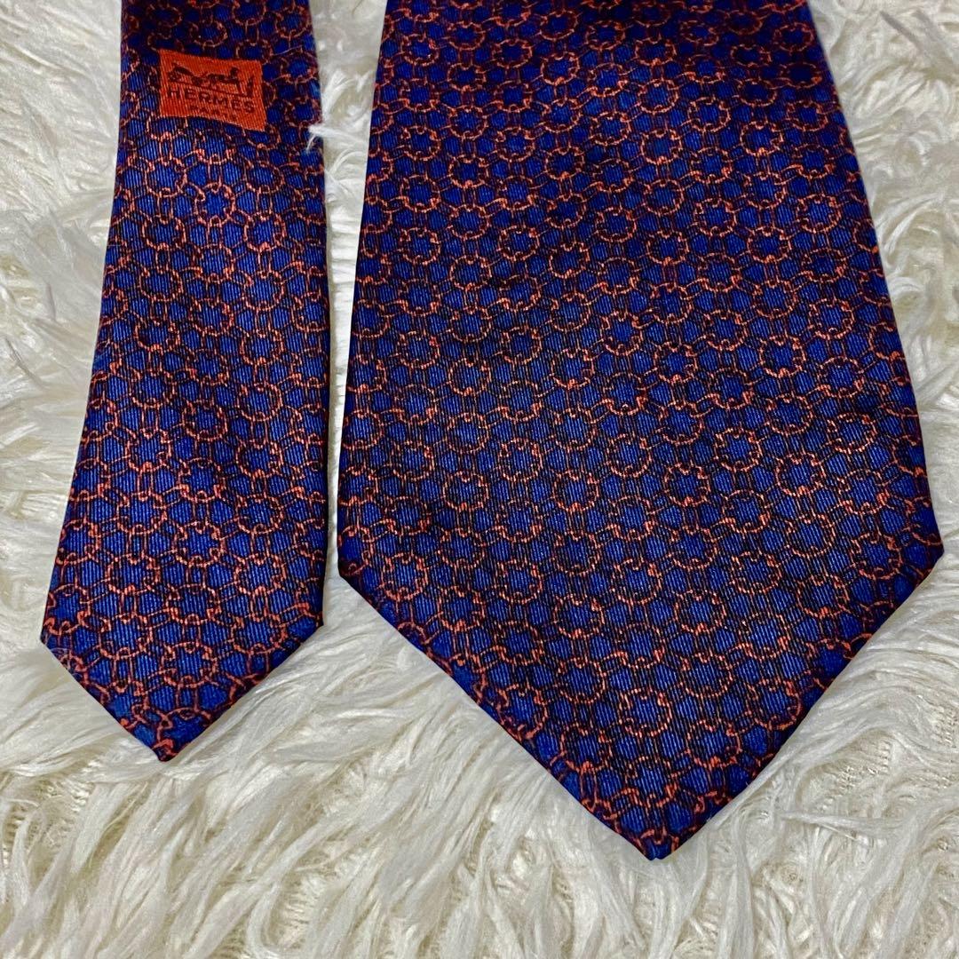 HERMES エルメス ネクタイ シルク100％ 総柄 チェーン ネイビー