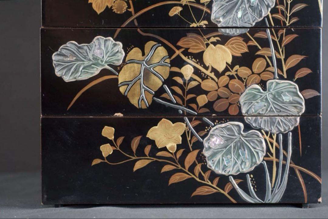 螺鈿細工 蒔絵 木製 五段 重箱 共箱 二枚蓋 時代品 青貝 検) 漆器 輪島塗 螺鈿細工 蒔絵 木製 五段 重箱 共箱 二枚蓋 時代品 青貝 検
