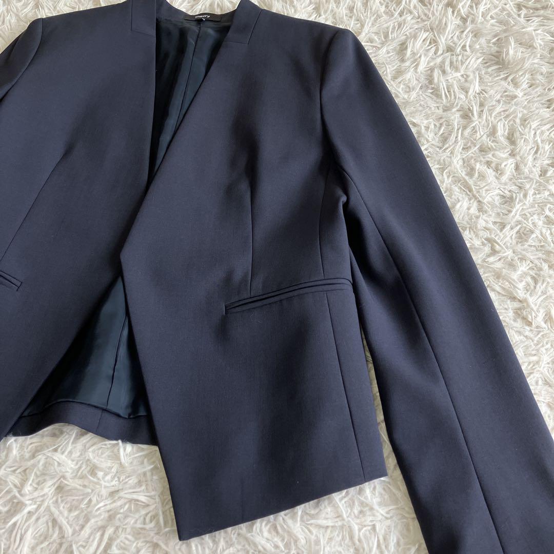 美品 Theory ノーカラージャケット パンツセットアップ ネイビー