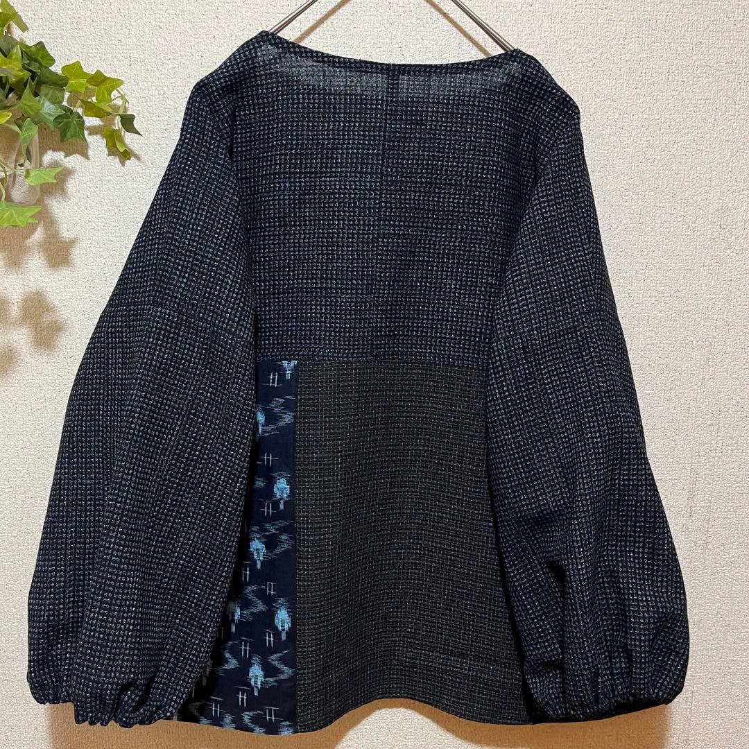 着物リメイクno.3080★書生絣　木綿絣・パッチワーク　チュニック