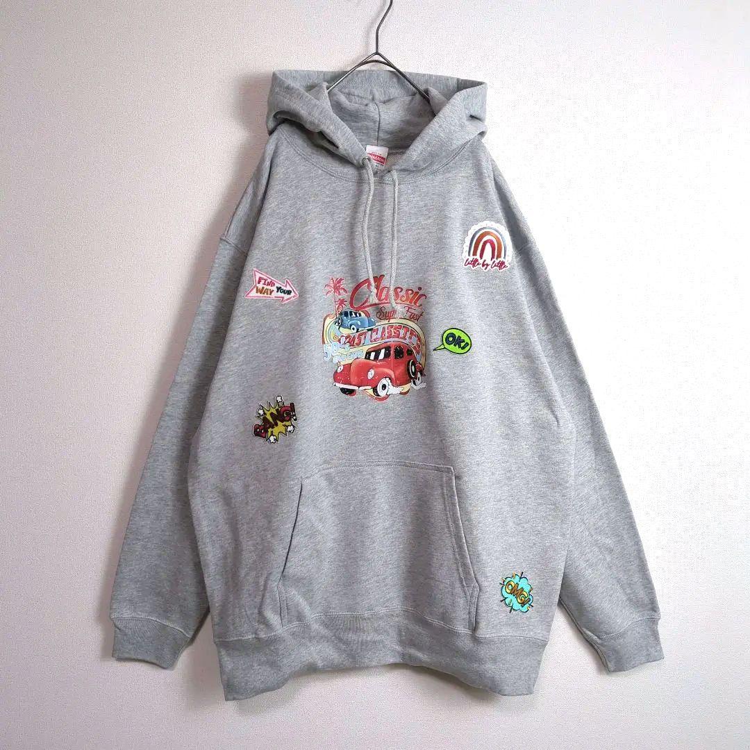 パーカー (XL) リメイク ワッペン プリントデザイン グレー系 古着