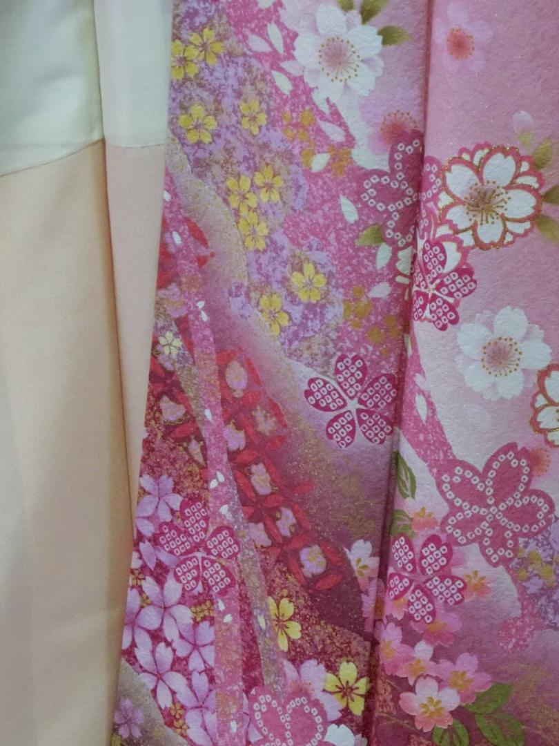 Q2860】SSお仕立て上がり正絹振袖 桜色地に桜模様 ラメ