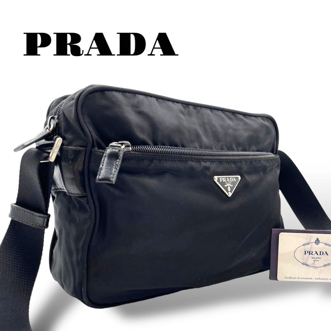 美品 PRADA ショルダーバッグ カメラバッグ ナイロン×レザー 三角ロゴ 黒