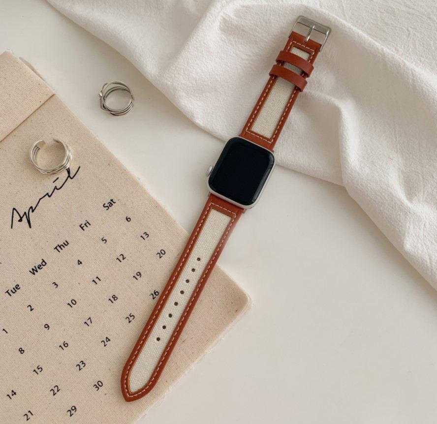 apple watch バンド キャンバス レザー 42/44/45㎜ ブラウン