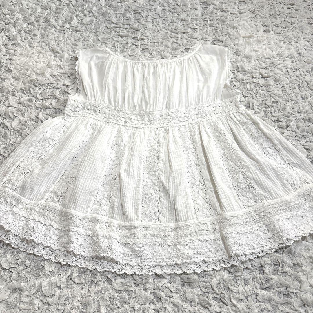 美品　45R ノースリーブ レース ブラウス リボン フリル ピンタック カディ