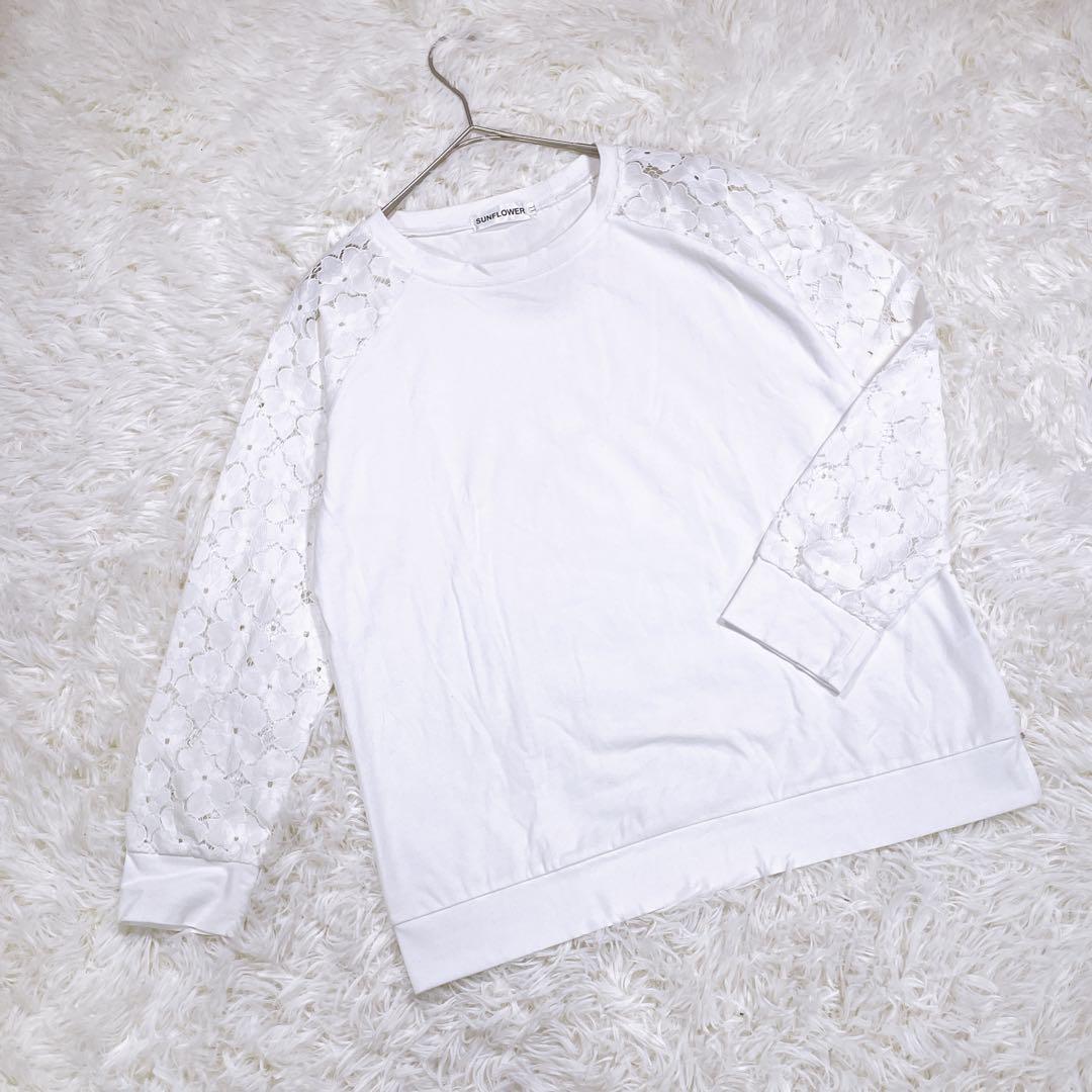 SUNFLOWER【LL】袖シアーTシャツ ホワイト 花柄 大きいサイズ