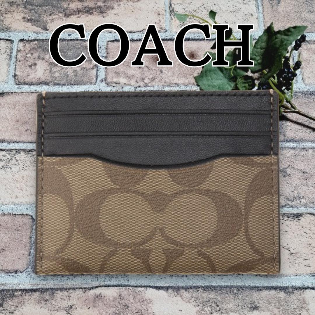 小物COACH コーチ カードケース ロゴ 定期入れ タン/ブラック