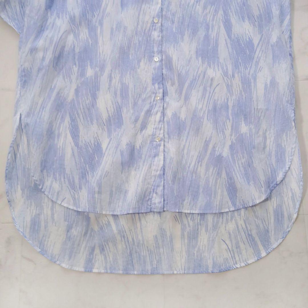 美品 ミズイロインド 総柄 コットン ロングシャツ チュニック バンドカラー 青