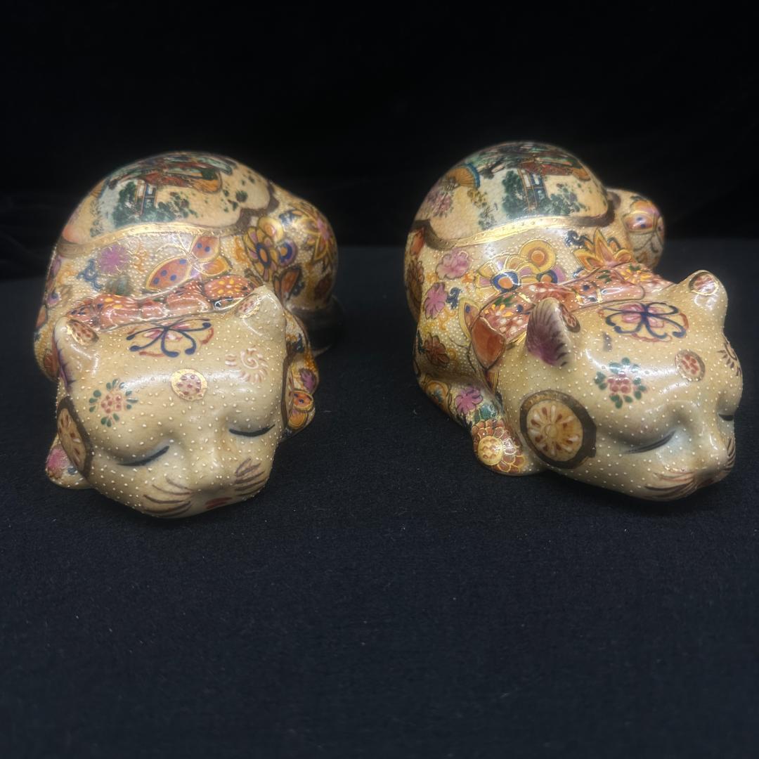 骨董　猫　陶器　薩摩焼　置物　インテリア　工芸品　美術品　2個 骨董 猫 陶器 薩摩焼 置物 インテリア 工芸品 美術品 2個