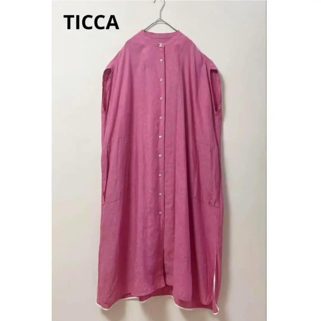 TICCA　ロングワンピース　レディース　バンドカラー　マキシ丈　麻　ピンク