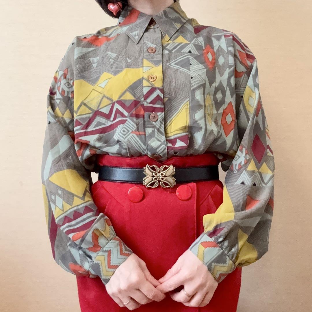 幾何学模様 総柄シャツブラウス 昭和レトロ vintage グレー 赤 オレンジ