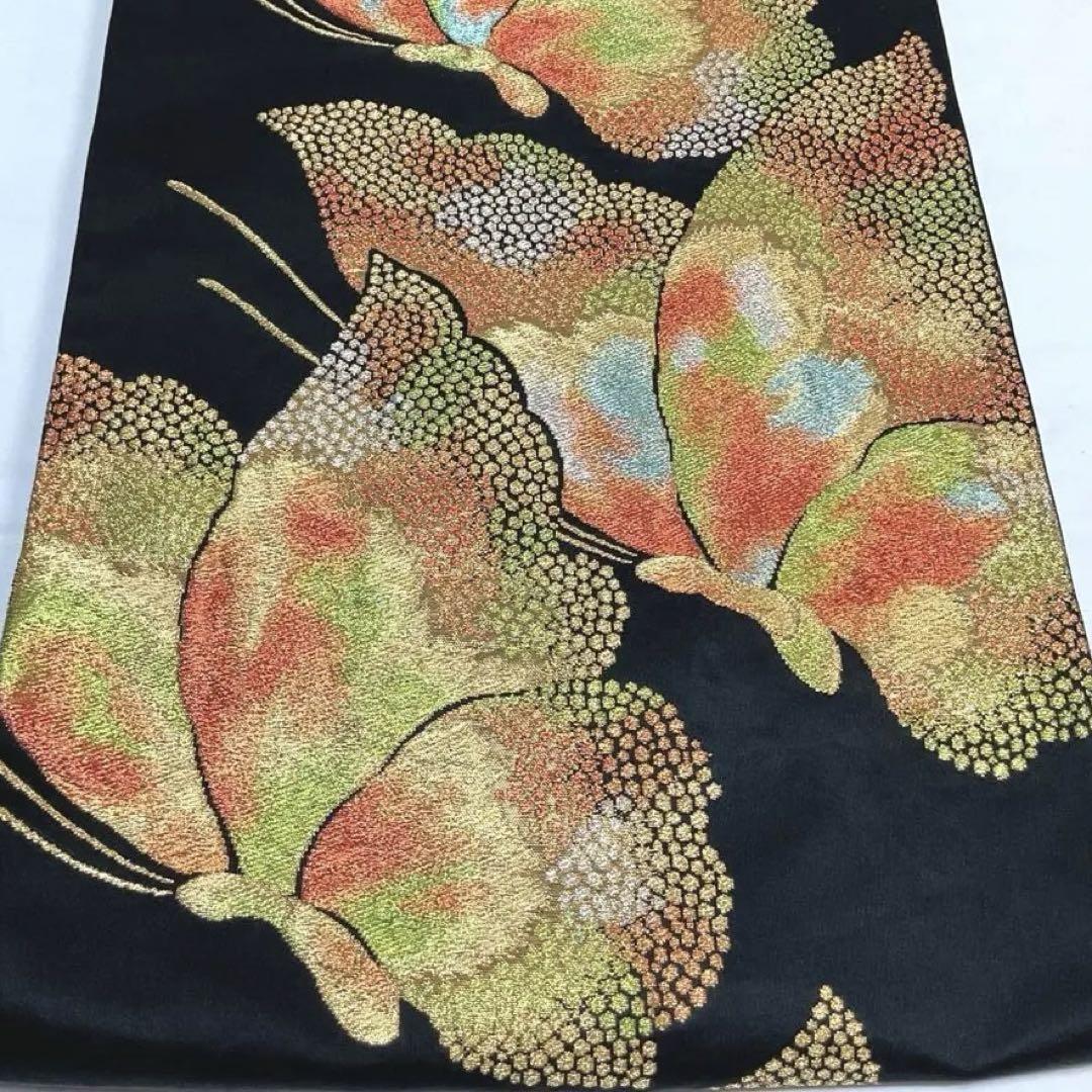 ◯C104正絹 六通袋帯 蝶 黒地 美品 着物 - メルカリ