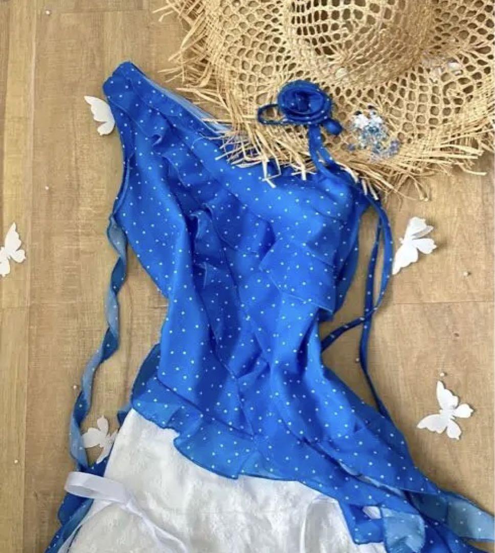 青いドット柄シフォンスカート