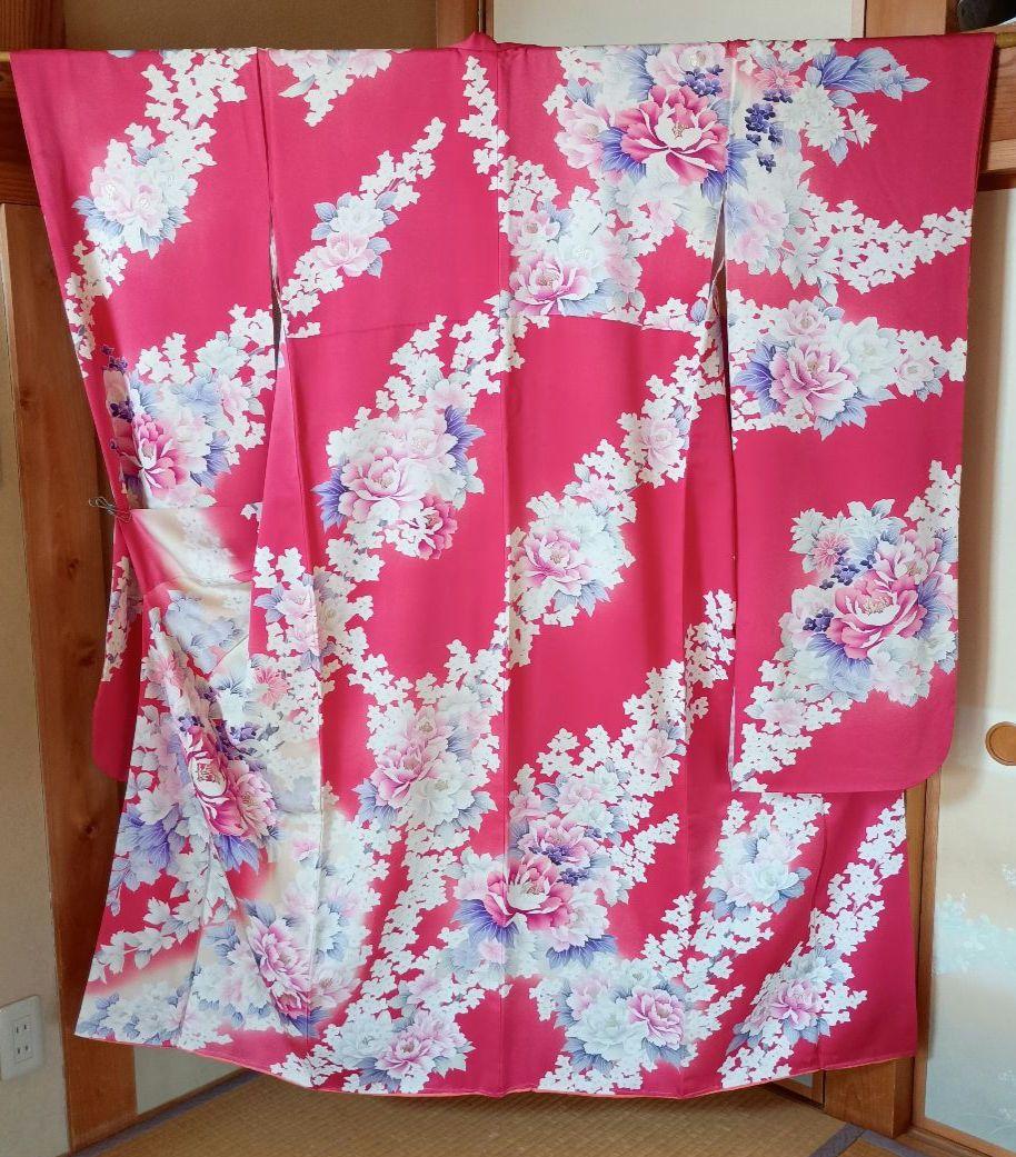 振り袖　花柄ピンク　小柄の方サイズ