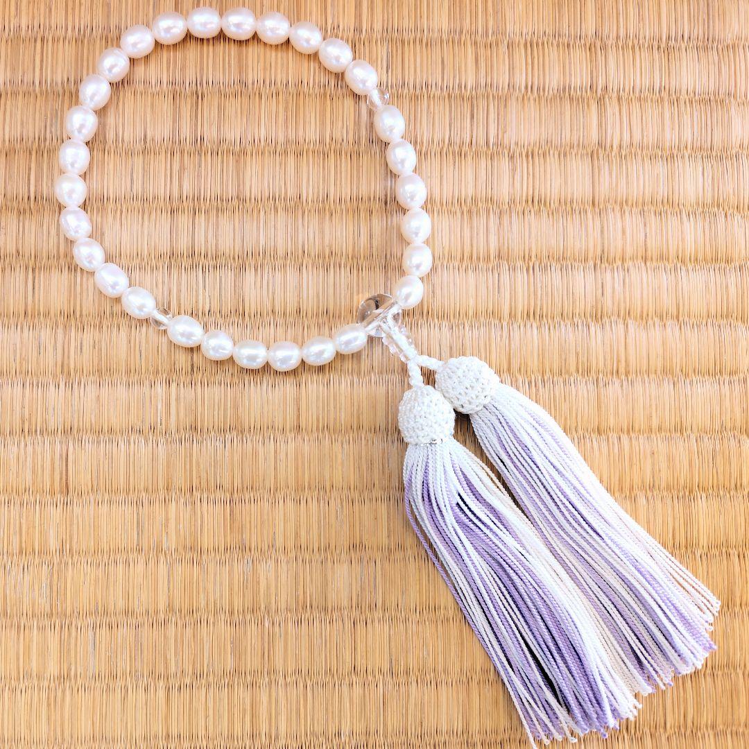 淡水真珠 水晶仕立 女性用片手念珠 正絹房 白 藤色新品、♥