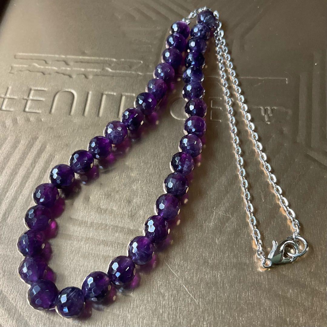 アメジストネックレス　ファセットラウンドカット8ｍｍ　M　金具シルバー色