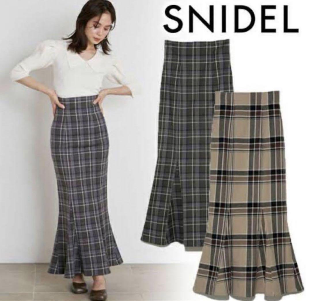 スナイデル ハイウエストタイトヘムフレアチェックスカート サイズ0 SNIDEL（スナイデル）の「ハイウエストタイトヘムフレアチェック