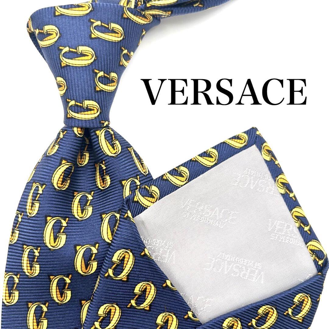【大特価】 VERSACE ネクタイ 小紋柄 ネイビー イエロー 紺色 黄色
