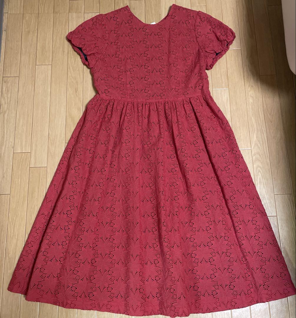 レディース半袖ワンピース　Lサイズ　レッド　パフスリーブ 裏地付き　新品