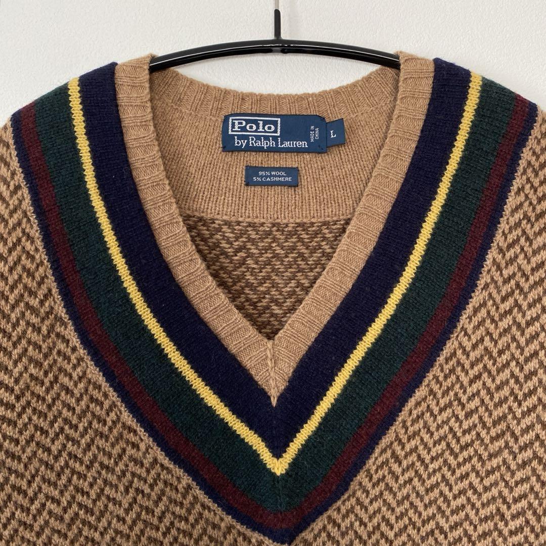 美品 ポロ ラルフローレン チルデン ニット ウール カシミヤ ヘリンボーン